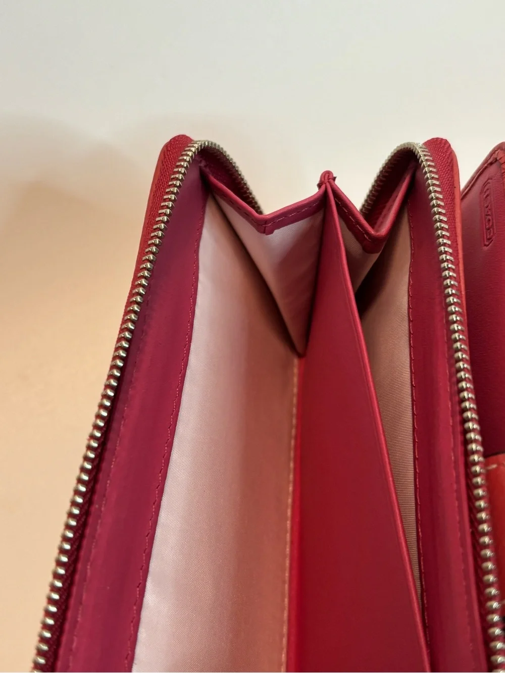COACH ($229) Legacy Signature Zip-Around Wallet in Tan Canvas with Berry Accents
